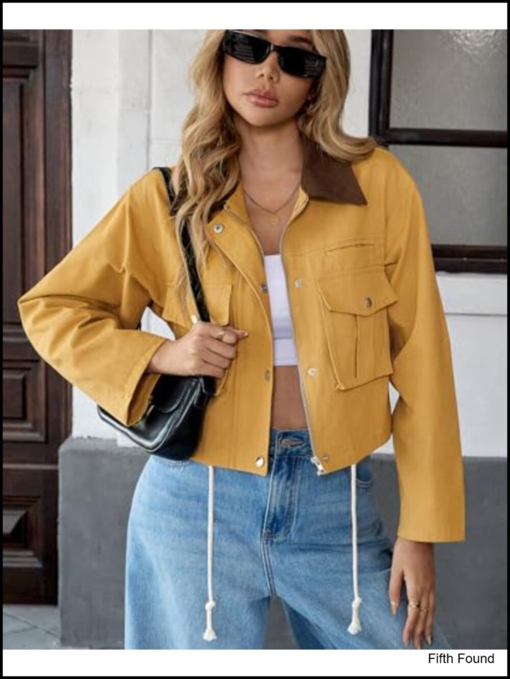 Cropped Cotton Utility Jacket with Contrast Collar Button Down Lightweight - Picture 2 of 6